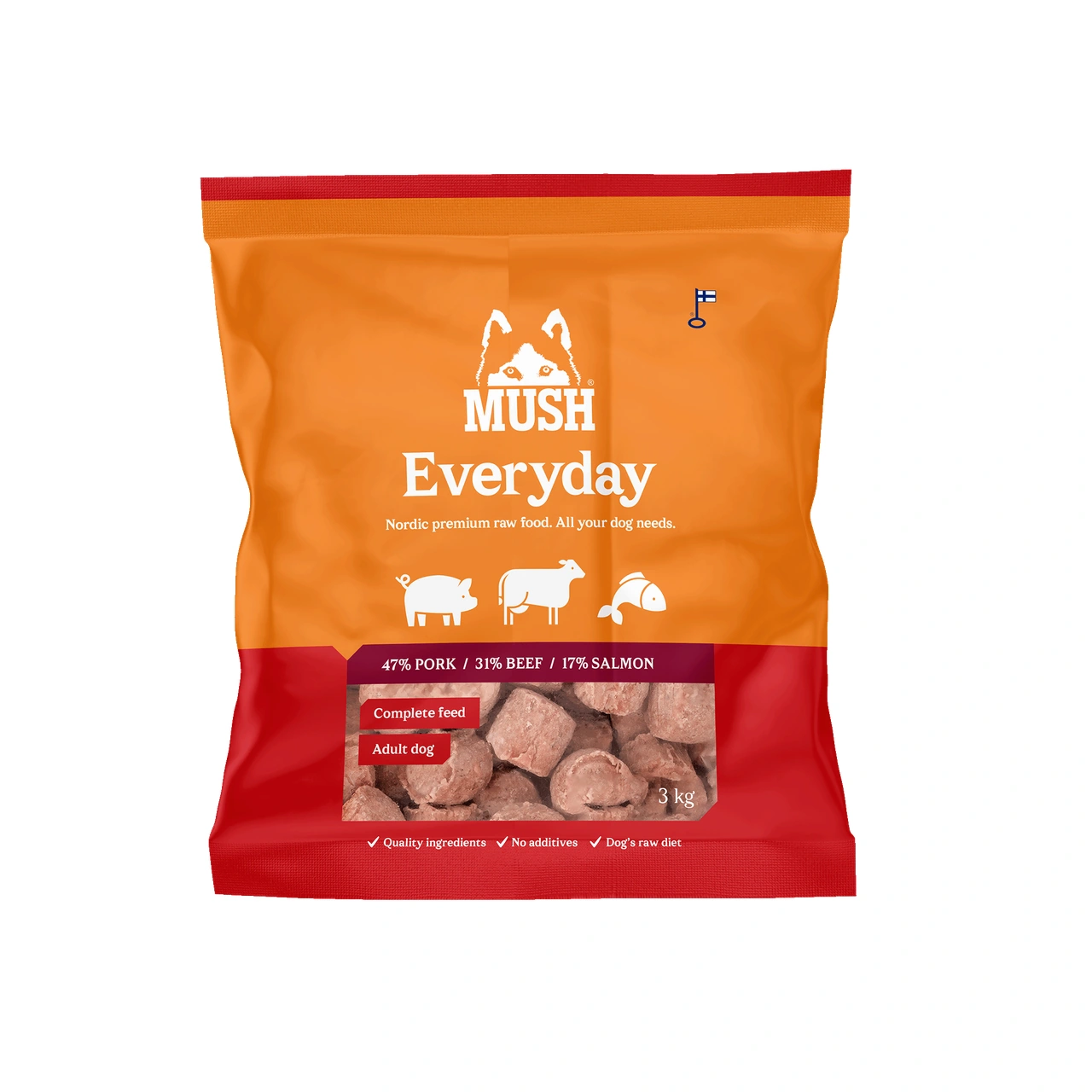 MUSH Everyday Rød gris okse laks 3 kg - råfoder til hund